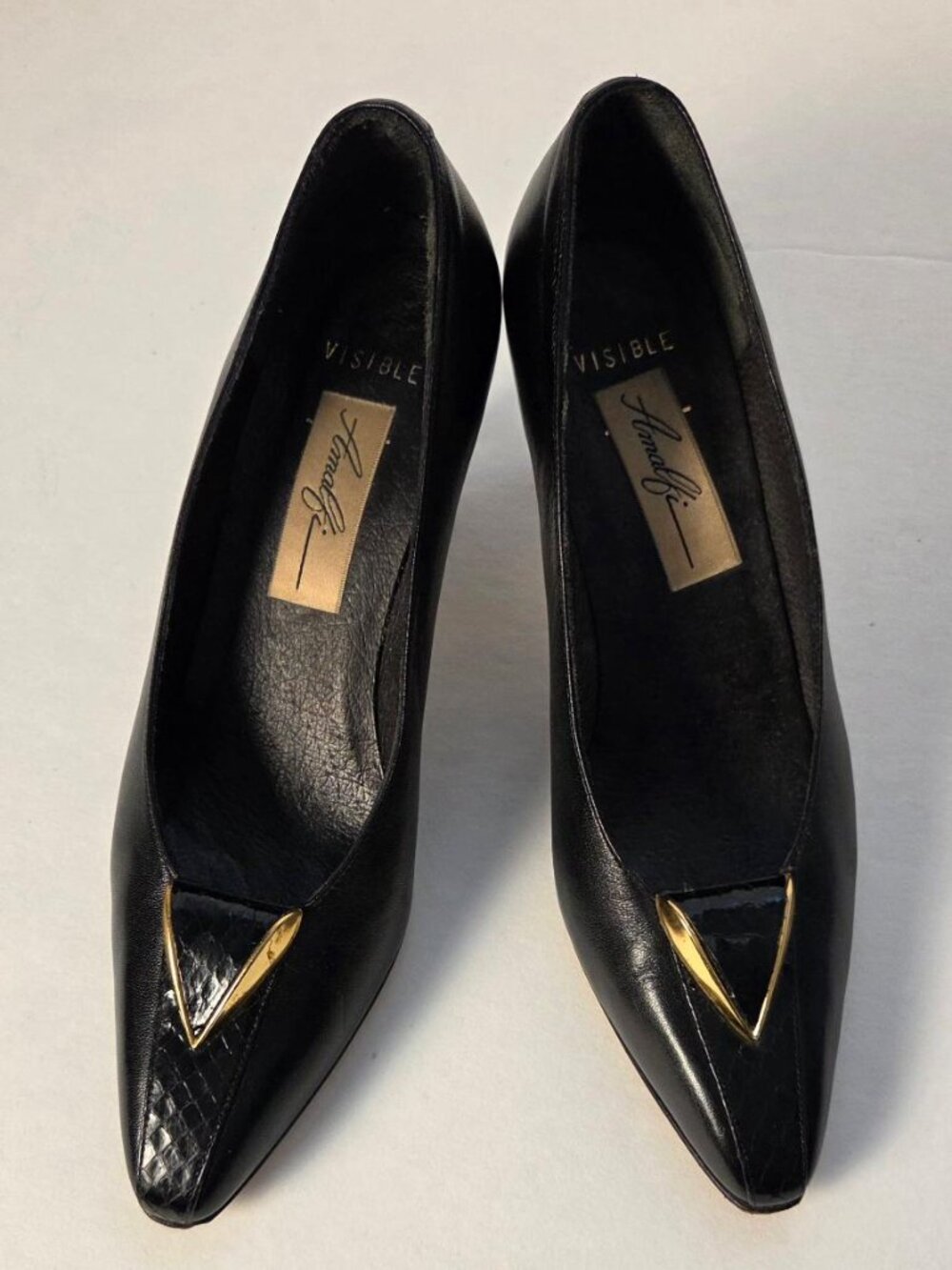 Vintage Amalfi Visible Italian Leather Pumps 7AA Black Gold Pointed Toe Heels